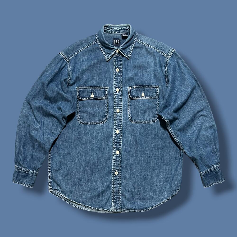 Vintage GAP Denim Western Shirt Long Sleeve Button Up y2k Dark Blue Mens Small